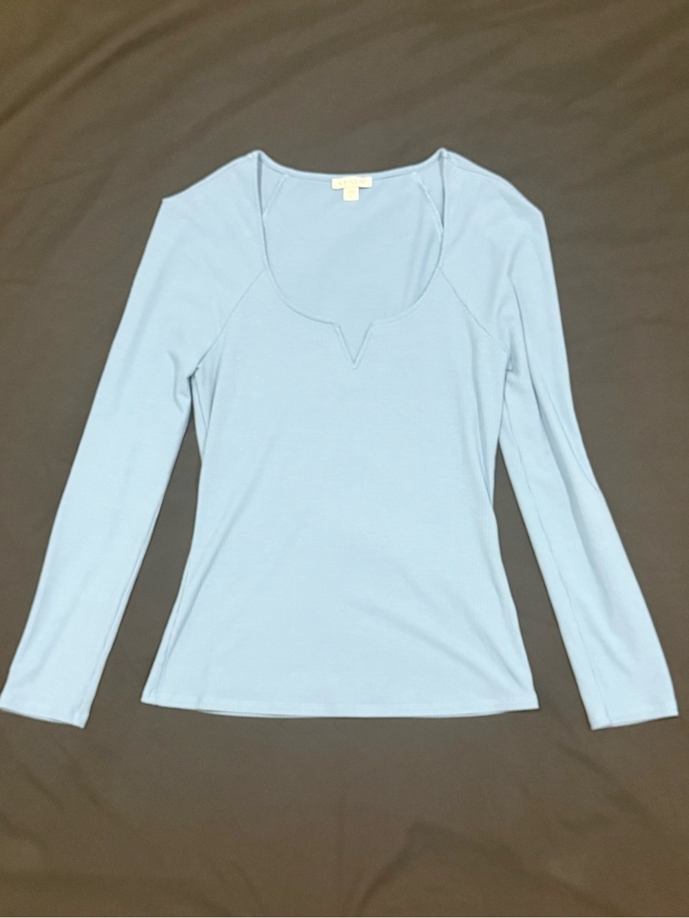 VENUS Blue Ribbed Long Sleeve Top with V-Notch